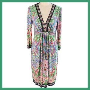 Muse Multicolor Paisley Print Dress Floral Trim V Neck‎ Long Sleeve